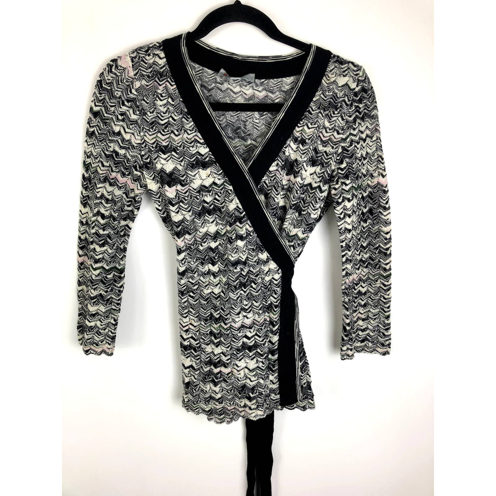 MISSONI Zigzag Side Tie Wrap Cardigan Black Multi Size XS Wool Blend Sweater